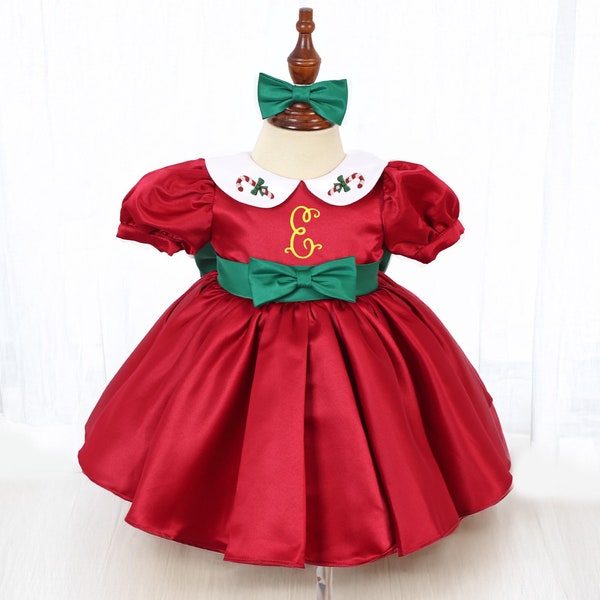 Embroidered Monogrammed Candy Cane Christmas Baby Girl Dress, Personalized Name Christmas Dress, Christmas Satin Dress for Toddler Girls