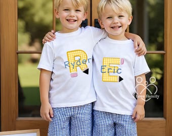 Embroidered Back To School Set, Applique Pencil Shirt, Personalized First Day Of School Outfit, Boy Seersucker Set, School Sibling Matching