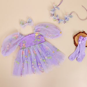 Lavender Floral Embroidered Tulle Flower Girl Dress, Easter Girls Dress, Spring Flower Girl Dress, Summer Floral Dress for Girls
