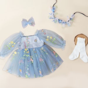 Dusty Blue Floral Embroidered Tulle Flower Girl Dress, Easter Girls Dress, Spring Flower Girl Dress, Summer Floral Dress for Girls