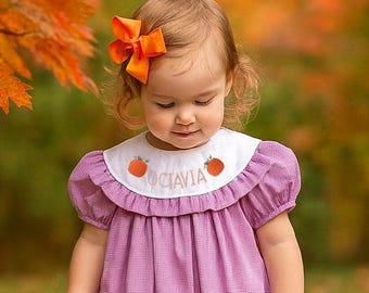 Personalized Pumpkin Gingham Bubble Dress,Fall Embroidered Outfit for Baby & Toddler Girls,Hand Embroidered Pumpkin, Halloween, Thanksgiving