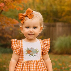 May include: A baby girl in an orange and white gingham dress with frill sleeves and a matching bow headband. The dress features a white bib with a pumpkin design and the name "Olivia". She wears white socks with orange bows and brown shoes.