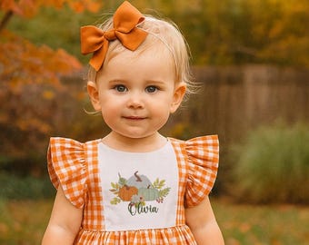 Personalized Smocked Halloween Dress in Orange Gingham with Custom name and Pumpkin,Bishop style, trick or treat, Fall, Halloween,Sibling