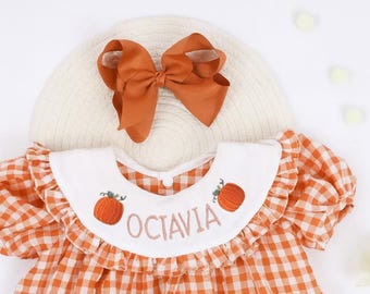 Personalized Pumpkin Gingham Bubble Dress,Fall Embroidered Outfit for Baby & Toddler Girls,Hand Embroidered Pumpkin, Halloween, Thanksgiving