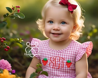 Geburtstags-Erdbeer-Strampler-Bubble, gesmokter Strampler, Beere erster Geburtstag, süßer Strampler, Erdbeer-Thema, rosa Gingham, Sommer-Outfit