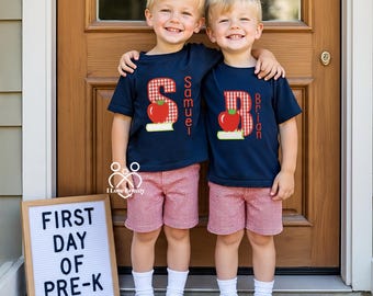 Boys Back To School Apple Outfit Monogram 1st Day Of School Outfit School T-Shirt Preschool Shirt, Kindergarten Pre K Shirt & Gingham Short