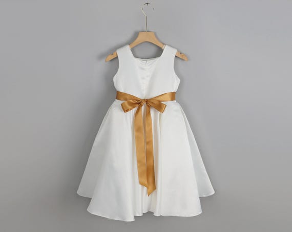 Ivory Satin Flower Girl Dress With Gold Sash, Ivory Girl Tulle Dress, Satin  Girls Dresses, Wedding Party Tutu,big Sister Little Sister Dress - Etsy