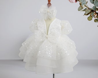 White Sequined Baby Puffy Dress, Toddler Girl Dress, Birthday Tutu Dress, Toddler Party Dress, Flower Girl Dress, 1st Birthday Dress