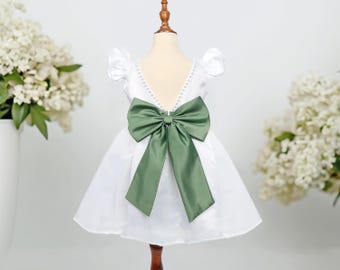 Ivory Pearl Flower Girl Dress With Custom Color Bow,Flower Girl Dress,Ivory Tulle Dress,Junior Bridesmaid,Lace Flower Girl, Ivory Lace Dress