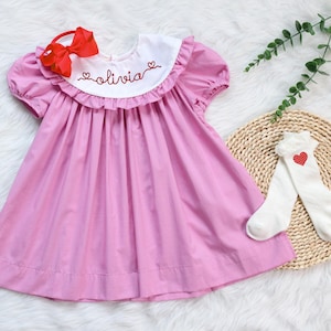 Embroidered Valentine&#39;s Dress for Girls, Red Hearts on Pink Gingham Dress, Vintage Style,Baby Girl, Sibling Matching Outfit, Valentine Dress