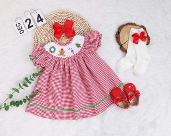 Personalized Red Christmas Bubble and Romper, Smocked Christmas Romper, Smocked Christmas With Gingerbread Wreath Candy Cane Christmas Tree
