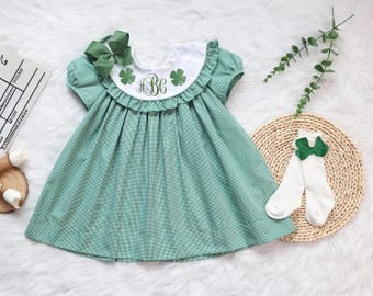 Embroidered Monogrammed Shamrock Dress, Shamrock St. Patrick's Day Dress in Green Gingham, Vintage Style, Baby Girl, Sibling Matching Outfit