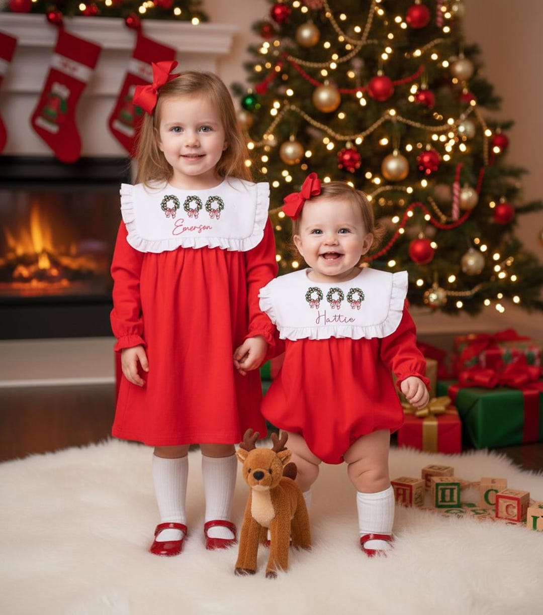 Embroidered Christmas Dress Red Fall Bishop Dress, Vintage Style, Heirloom, Baby Girl, Sibling Matching Outfit, Fall Dress, Smocked