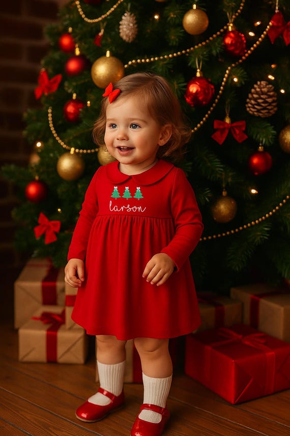 christmas dress names Personalized Red Christmas Bubble and Dress, Smocked Christmas Dress,  Smocked Christmas With Name and Weath Santa Candy Cane Christmas Tree