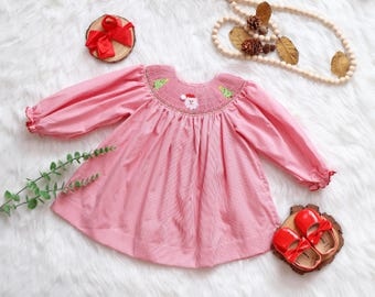 Santa Smocked Christmas Dress in Red & White,Smocked Christmas Dress With Santa And Christmas Tree,Bishop Dress,Christmas Tree,Holiday Dress