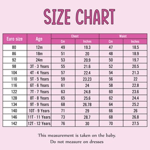 May include: Size chart for children's clothing with measurements in inches and centimeters. The chart shows the Euro size, age, chest measurement, and waist measurement.