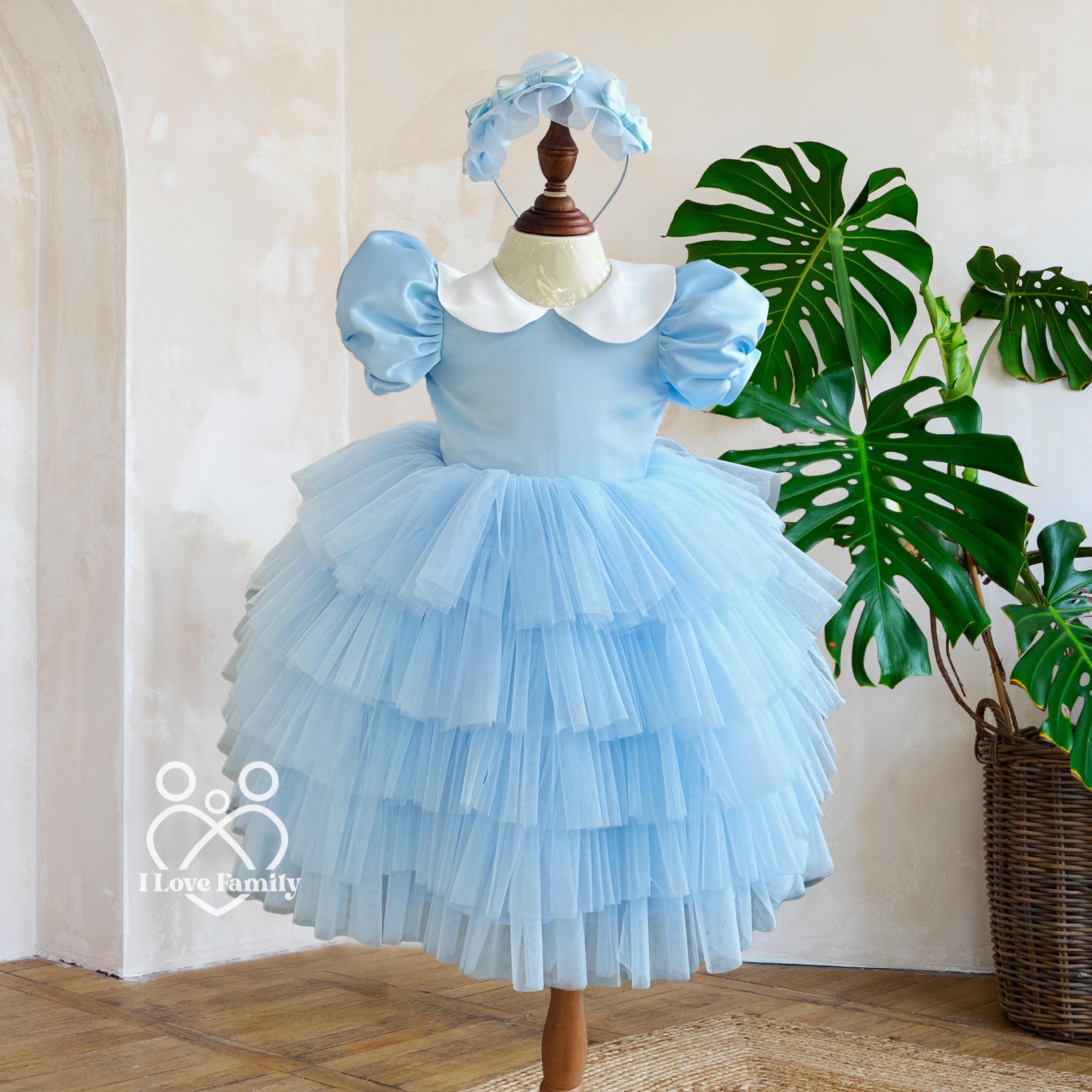 Blue Sequin Ribbon Baby Girl Wedding Dress, Birthday Pearl Stone Tutu Dress, Birthday Outfit, Princess Style Dress, Flower Girl With Pearls