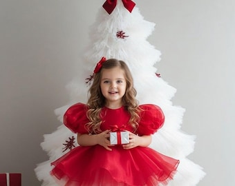 Christmas Elegant Red Sparkly Organza Puffy Sleeves Winter Birthday Infant Flower Girl,Wedding Girl Dress, Birthday Dress,Winter Outfit