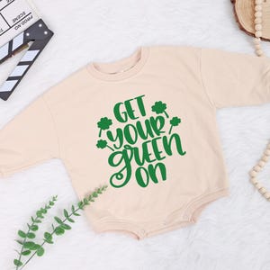 St.Patrick&#39;s Day Girl Outfit, Custom Name Baby Sweater, Shamrock Baby Sweatshirt, Custom Name 4 Leaf Clover Gift, Lucky Charm Baby Romper