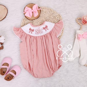 Monogram Pink Gingham Embroidered Sweet Coquette Bows Bubble Outfit 1st Birthday Romper, Cute Smocked Romper Sweet One Romper Flutter Sleeve