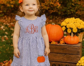 Monogram Pumpkin Dress for Baby Toddler Kids Girls Fall Outfit Pumpkin Patch Halloween Thanksgiving Dress,Girls Seersucker Pumpkin Dress