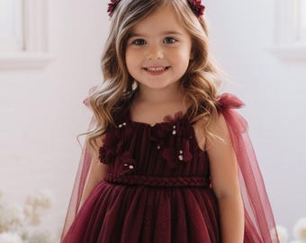 Christmas Elegant Red Maroon Sparkly Tulle Winter Birthday Infant Flower Girl,Wedding Girl Dress, Birthday Dress,Winter Outfit