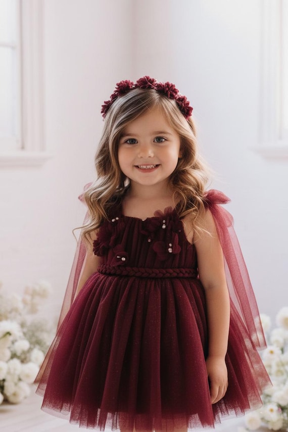 Christmas Elegant Red Maroon Sparkly Tulle Winter Birthday Infant Flower Girl,Wedding Girl Dress, Birthday Dress,Winter Outfit