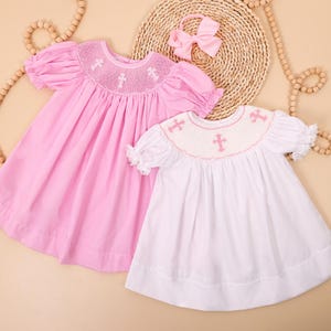 Baby Baptism Outfit, Pink & White Smocked Cross Dress, Lace Christening Dress, Blessing Dress, Christening Set Girl, Heirloom Baby Set