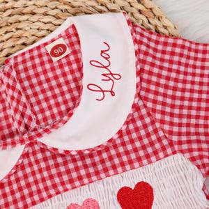 Valentine Smocked Bubble Romper With Heart, Personalized Red Hearts on Red Gingham, Baby Girl Valentine Outfit Set, Matching Sibling Romper