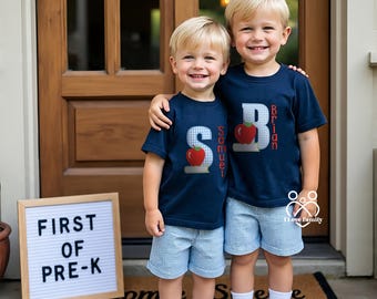Boys Back To School Apple Outfit Monogram 1st Day Of School Outfit School T-Shirt Preschool Shirt, Kindergarten Pre K Shirt & Gingham Short