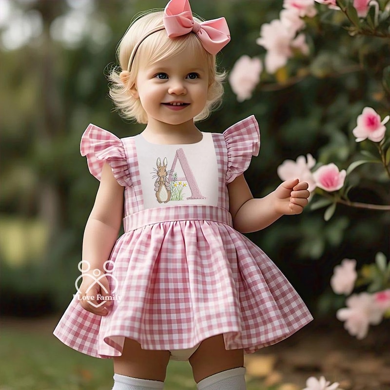 Dress with Rabbit Embroidery, Girls Easter Dress, Monogrammed Easter Dress, Personalized Dress Toddler Easter Dress Custom Name Bishop Dress