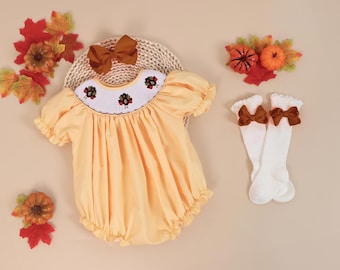 Turkey Smocked Bubble Thanksgiving Romper in Yellow, Embroidered Turkeys Romper, Cute Fall Outfit, Baby Toddler Girl Bubble, Pumpkins