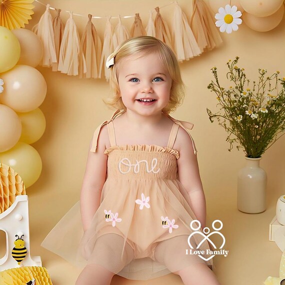 Girls First Bee Day Birthday ONE Romper Dress First Birthday Outfit, 1st Bee Birthday Tutu Romper, Hand Embroidered Girls Summer Birthday Girls First Bee Day Birthday ONE Romper Dress First Birthday Outfit, 1st Bee Birthday Tutu Romper, Hand Embroidered Girls Summer Birthday