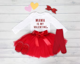 Mama Is My Valentine Day Girl Outfit, Valentine Baby Girl Outfit, Personalized Baby Girl Valentine Outfit, Red Tutu Dress For Baby Girls