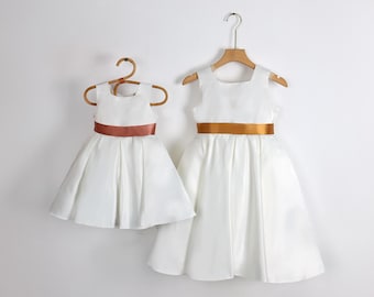Custom Sash With Ivory Satin Flower Girl Dress, Toddler Wedding Dress, Junior Bridesmaid Girl Dress for Wedding Party, Baptism Dress