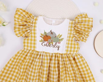 Personalized Smocked Halloween Dress in Yellow Gingham with Custom name and Pumpkin,Bishop style, trick or treat, Fall, Halloween,Sibling