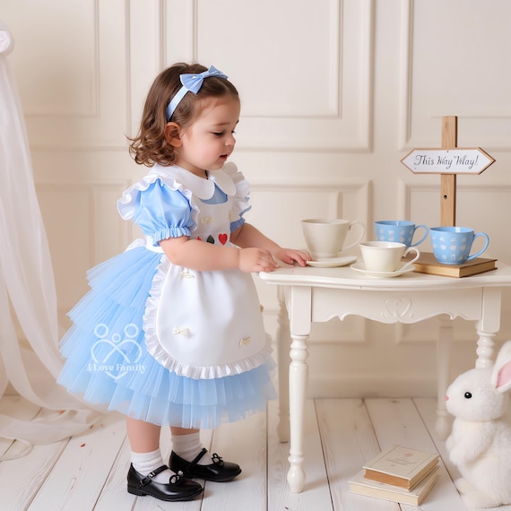 Alice Halloween Baby Girl Dress With Apron, Blue Toddler Lace