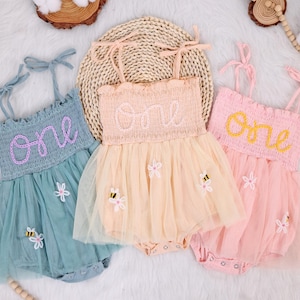 Vestido enterizo para el primer cumpleaños de las niñas, traje para el primer cumpleaños, enterizo con tutú para el primer cumpleaños de las niñas, bordado a mano, cumpleaños de verano para niñas
