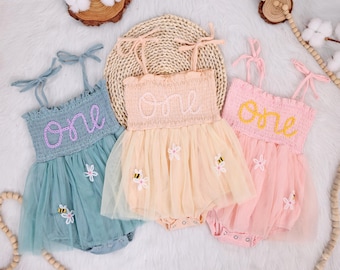 Girls First Bee Day Birthday ONE Romper Dress First Birthday Outfit, 1st Bee Birthday Tutu Romper, Hand Embroidered Girls Summer Birthday