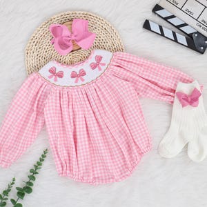 Pink Gingham Smocked Embroidered Sweet Coquette Bows Bubble Outfit, Birthday Romper Bubble, Cute Smocked Romper Sweet One Romper Puff Sleeve