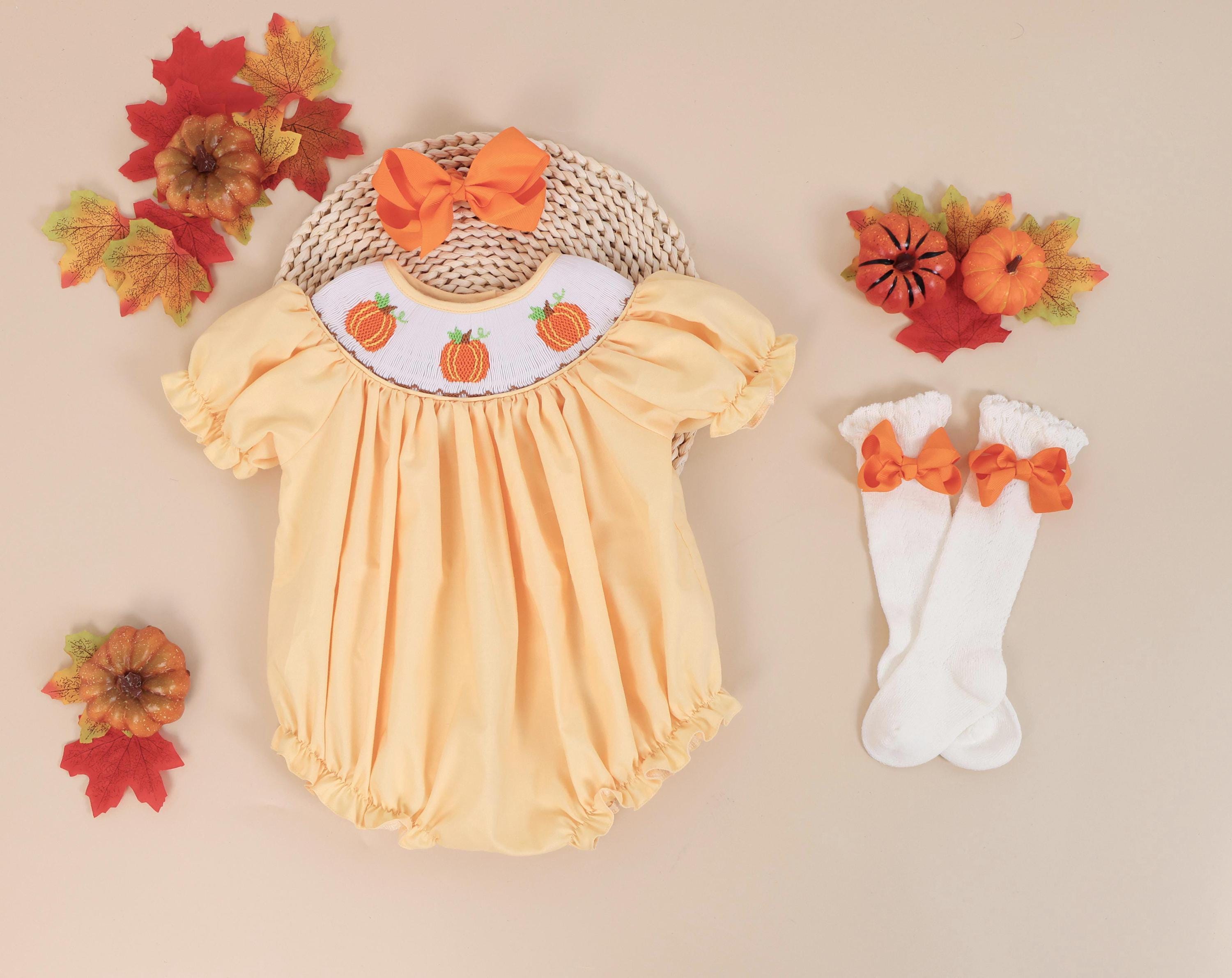 Halloween Romper,Smocked Pumpkin Bubble in Yellow,Toddler Girls Clothing,Heirloom Embroidered Romper, Thanksgiving, Fall Outfit, Fall Romper