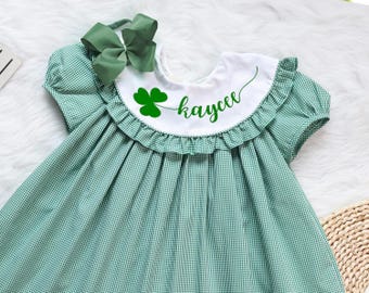 Embroidered Monogrammed Shamrock Dress, Shamrock St. Patrick's Day Dress In Green Gingham, Vintage Style, Baby Girl, Sibling Matching Outfit
