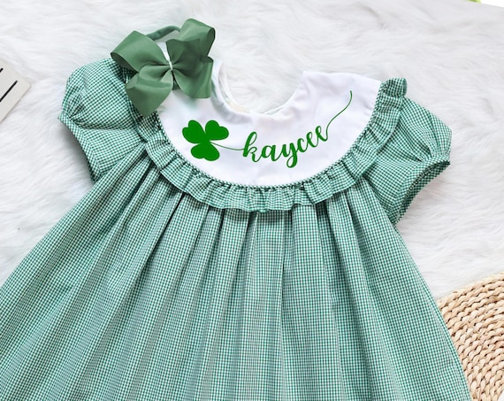 green shamrock dress Embroidered Monogrammed Shamrock Dress, Shamrock St. Patrick's Day Dress in  Green Gingham, Vintage Style, Baby Girl, Sibling Matching Outfit