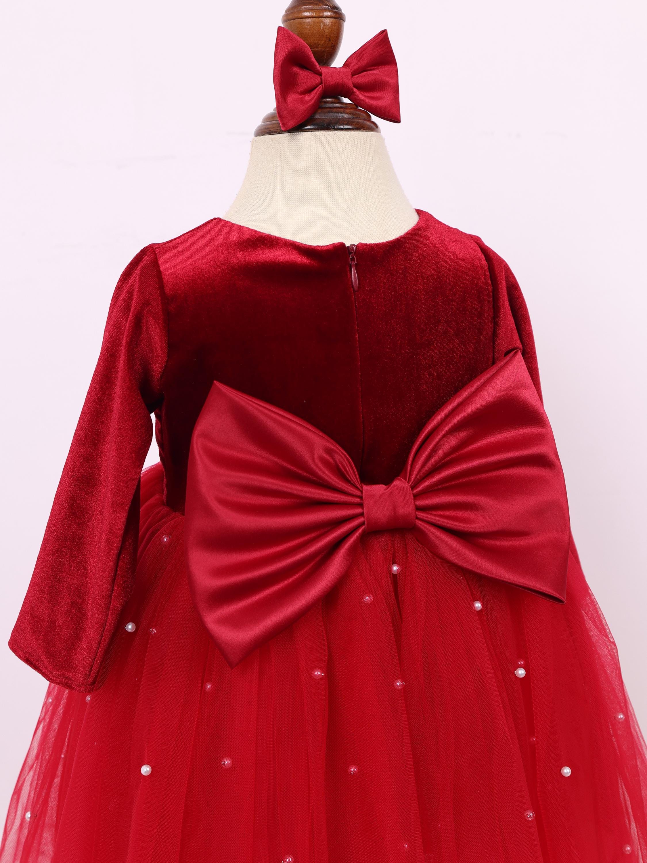 Carolilly Robe de Noël Bébé Fille, Velours Rouge, Manches Longues
