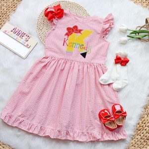 Back To School Pencil Dress Monogram Pencil Bow Dress First Day Of School Outfit Seersucker School Dress Preschool Dress, Kindergarten Pre K