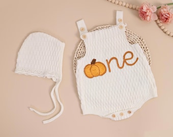 Yarn Pumpkin Embroidered, Pumpkin Romper Embroidered,Embroidered Romper,Smocked Pumpkin Bubble,Toddler Girls Clothing, First Birthday Romper