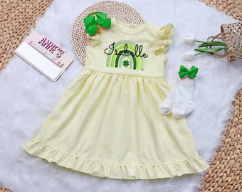 Embroidered Shamrock Rainbow St Patrick's Day Dress, Personalized Name Shamrock St. Patrick's Day Baby Romper, Custom Name Shamrock Outfit
