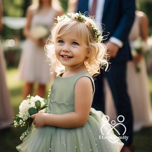 May include: A young girl wearing a sage green tulle dress with a flower crown and holding a bouquet of white flowers. The dress has a satin bodice and is decorated with pearl-like embellishments. The girl is smiling and looking up.