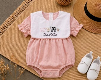 名入れ刺繍入り農場動物ロンパース、ピンクコットンバブル、1歳の誕生日衣装、女の子用農場動物バブルロンパース