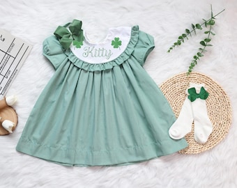 Embroidered Monogrammed Shamrock Dress, Shamrock St. Patrick's Day Dress In Green Gingham, Vintage Style, Baby Girl, Sibling Matching Outfit